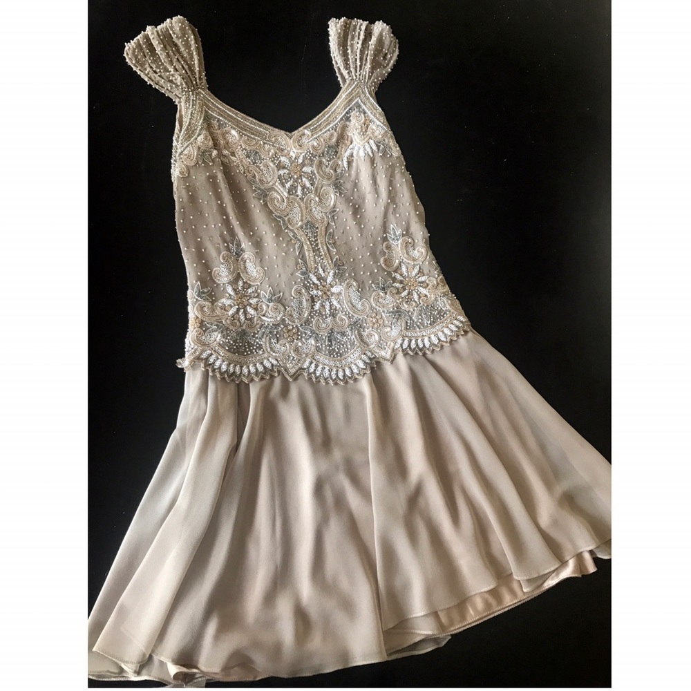 J Kara Beaded Champagne Cream Cocktail Dress
